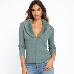 Emerson Lang Cardigan Sweater XL Sea Foam Ribbed Knit Faux Fur Collar Button